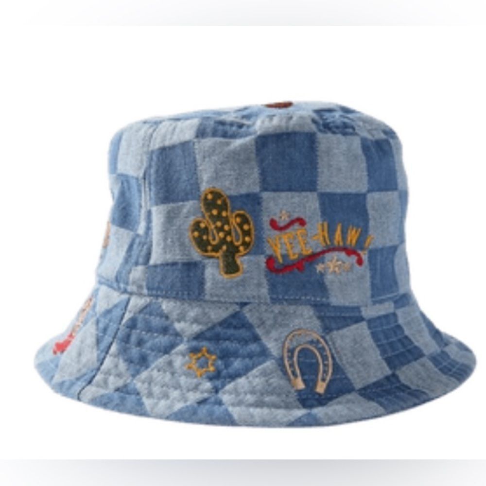 Urban Outfitters UO Blue Checkered Poppy Embroidered Bucket Cap Hat